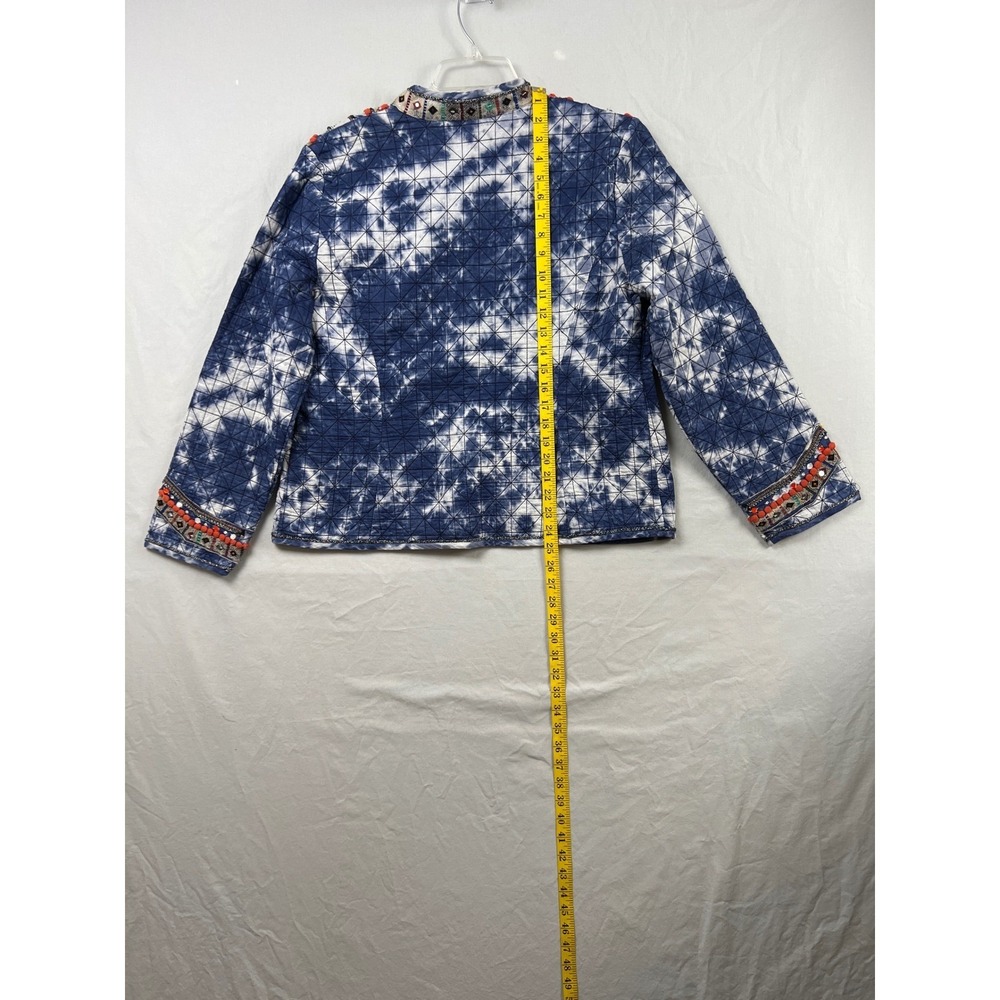 Chico's Quilted Jacket Womens 2 Lg Blue Tie Dye Embroidered Pom Pom Open Front - Picture 6 of 9